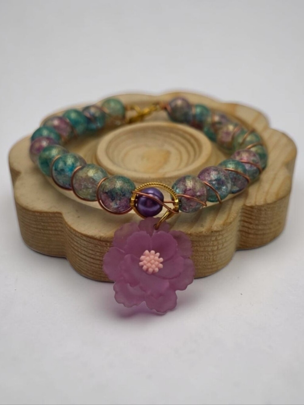 Handmade wirewrapped Elegant Multicolor Beaded Bracelet with Floral Charm
